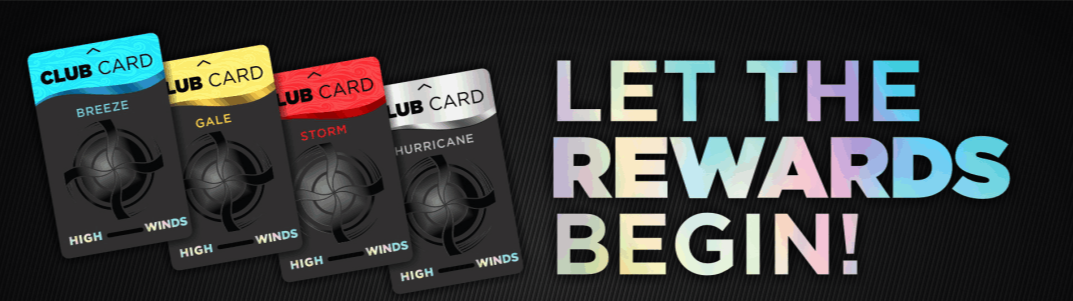 "Introducing the new High Winds Casino Club Card! The image features four tiered club cards—Breeze (blue), Gale (yellow), Storm (red), and Hurricane (silver)—with the bold text 'Let the Rewards Begin!' promoting the casino's updated player rewards program."
