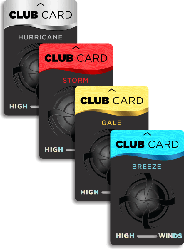 High Winds Casino Club Card tier levels displayed in a cascading arrangement. The four tiers include Hurricane (silver), Storm (red), Gale (yellow), and Breeze (blue), each offering different player rewards and benefits."