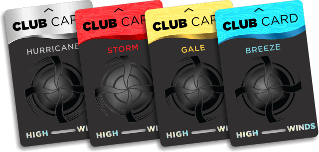 "High Winds Casino Club Cards displayed in a fanned arrangement. The four membership tiers include Hurricane (silver), Storm (red), Gale (yellow), and Breeze (blue), each offering different player rewards and benefits."