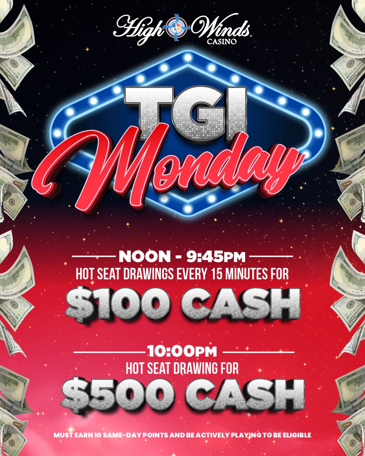 Alt text: High Winds Casino promotional graphic for “TGI Monday” featuring a neon Las Vegas-style sign against a starry background with floating dollar bills. Text reads: “Noon – 9:45 PM Hot Seat Drawings every 15 minutes for $100 cash. 10:00 PM Hot Seat Drawing for $500 cash. Must earn 10 same-day points and be actively playing to be eligible.”
